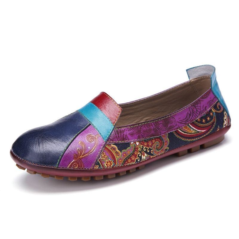 Blødt Bøhmisk Læder Blomstersplejsning Til Kvinder Behagelig Afslappet Slip On Loafers Flade Sko