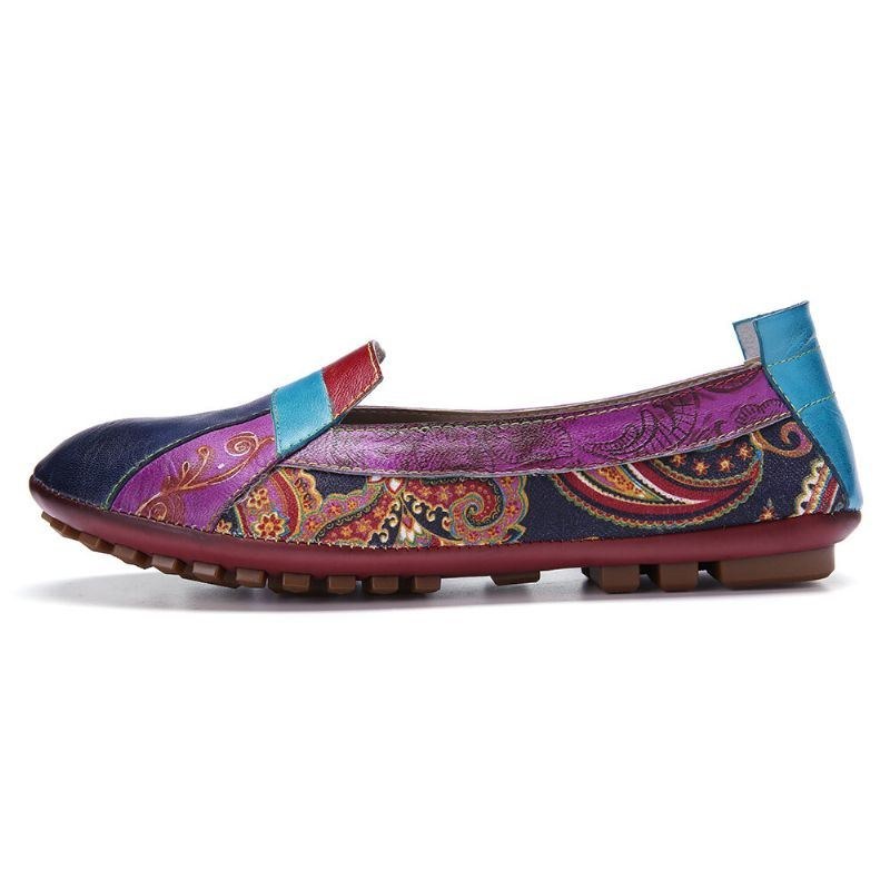 Blødt Bøhmisk Læder Blomstersplejsning Til Kvinder Behagelig Afslappet Slip On Loafers Flade Sko