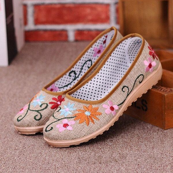 Blomsterbroderede Flade Loafers I Kinesisk Stil Til Kvinder Blød Sål Linned Slip-ons
