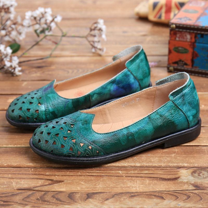 Boheme-læder Til Kvinder Med Hule Slipsfarvede Bløde Afslappede Slip On Loafers Flade Sko