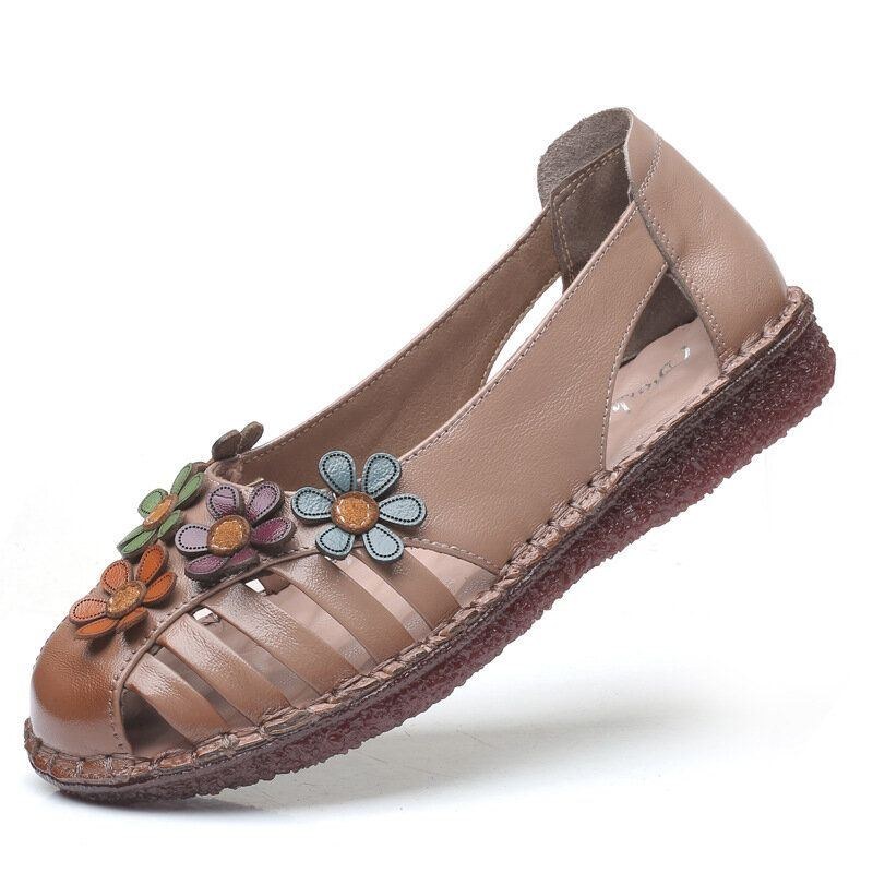 Dame Ægte Læder Åndbar Blomsterdekoration Retro Slip On Bløde Flats