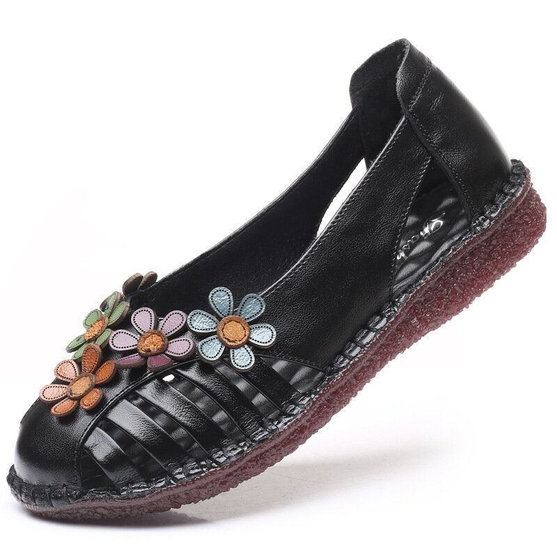 Dame Ægte Læder Åndbar Blomsterdekoration Retro Slip On Bløde Flats