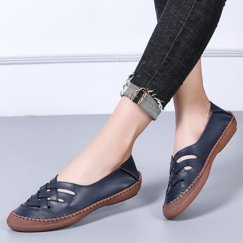Dame Ægte Læder Åndbar Plus Size Hul Fjeder Casual Flats Loafers