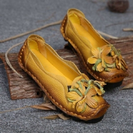 Dame Ægte Læder Håndlavet Dekoration Blomster Vintage Slip On Flats Loafers
