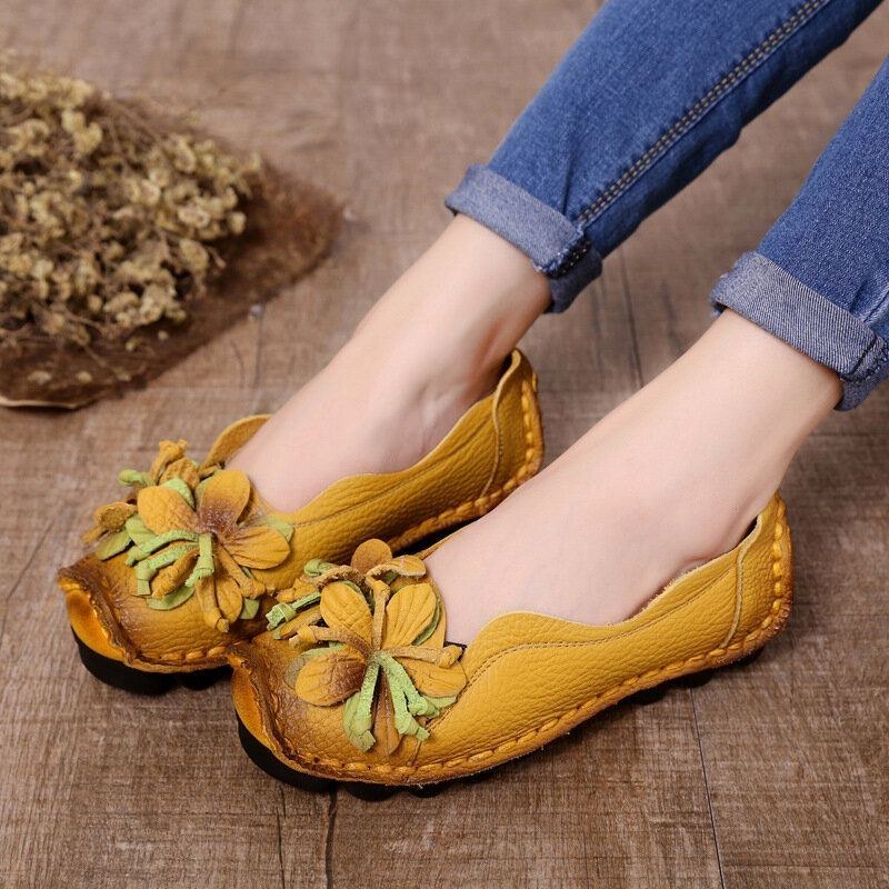 Dame Ægte Læder Håndlavet Dekoration Blomster Vintage Slip On Flats Loafers