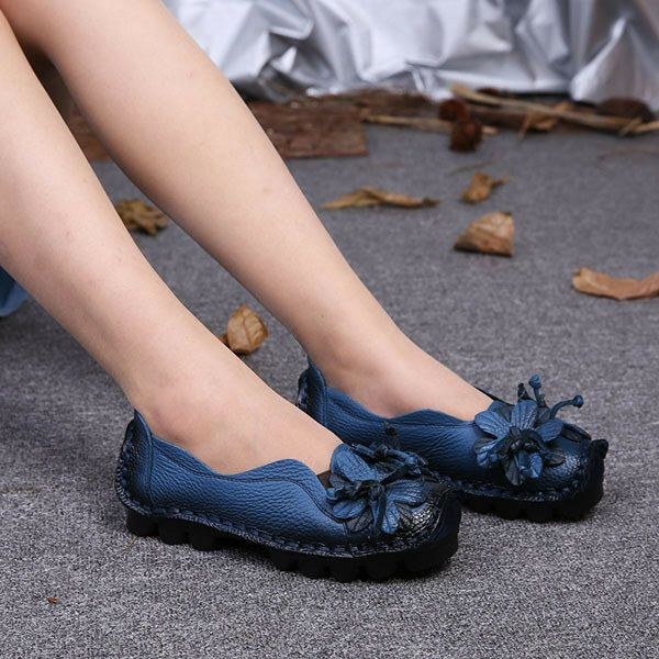 Dame Ægte Læder Håndlavet Dekoration Blomster Vintage Slip On Flats Loafers