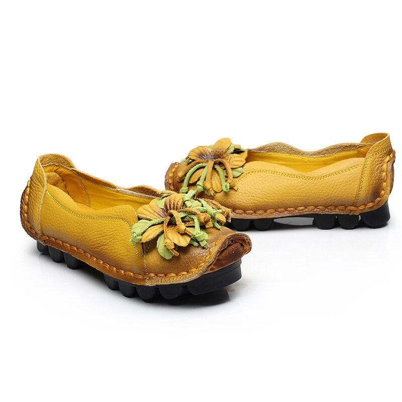 Dame Ægte Læder Håndlavet Dekoration Blomster Vintage Slip On Flats Loafers