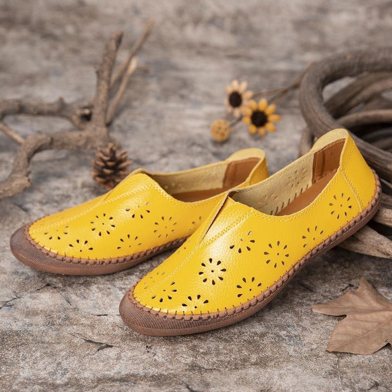 Dame Ægte Læder Slip On Elastisk Bånd Åndbar Hollow Out Spring Causal Flats Loafers