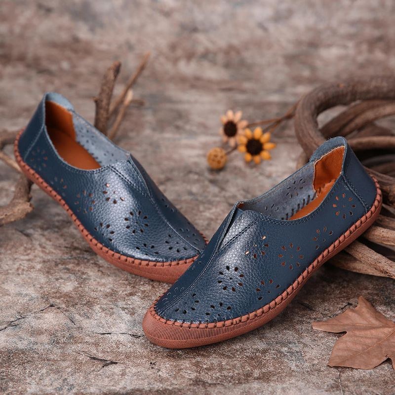 Dame Ægte Læder Slip On Elastisk Bånd Åndbar Hollow Out Spring Causal Flats Loafers