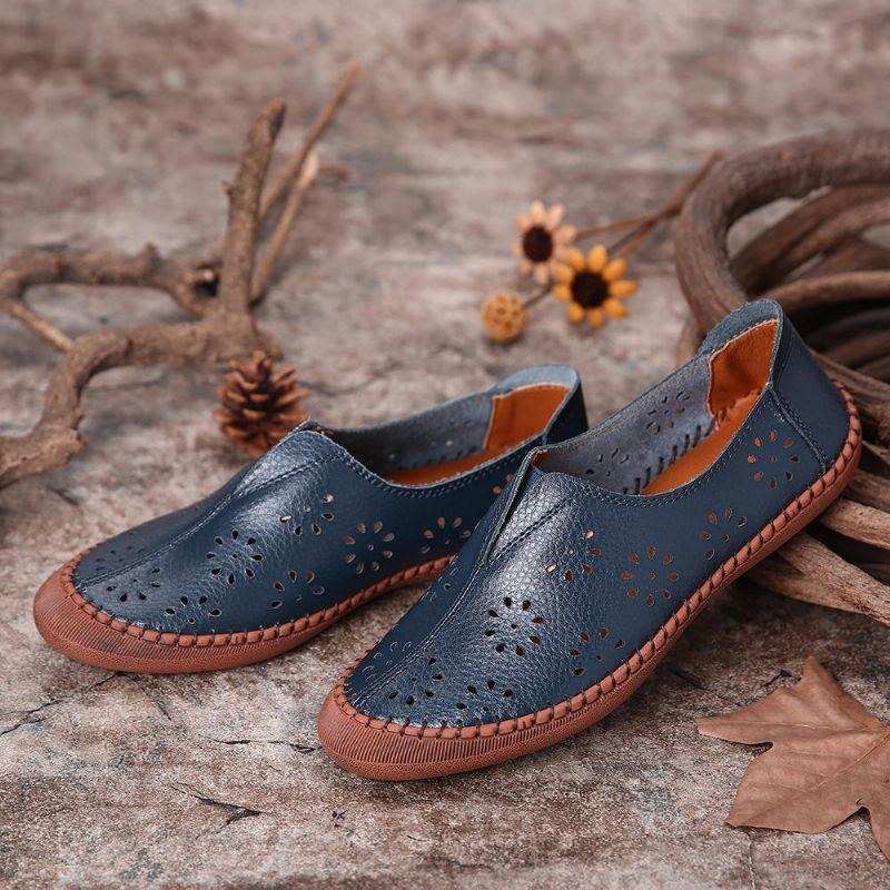Dame Ægte Læder Slip On Elastisk Bånd Åndbar Hollow Out Spring Causal Flats Loafers
