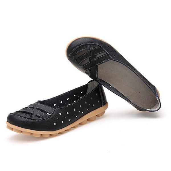 Dame Flats Sko Komfortabel Blød Slip On Hollow Out Læder Casual Flat Loafers Sko