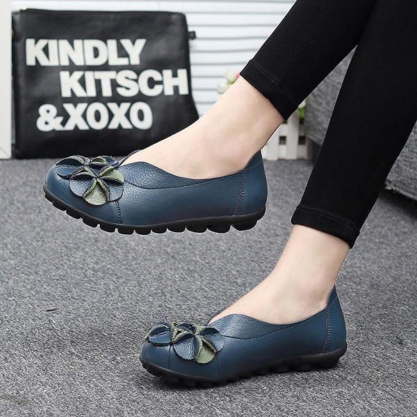 Dame Flower Flade Sko Casual Outdoor Læder Slip On Runde Tå Loafers