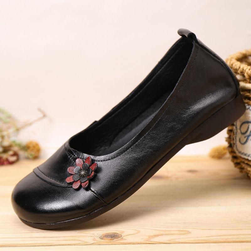 Dame Læder Blomster Slip On Flats Loafers Sko
