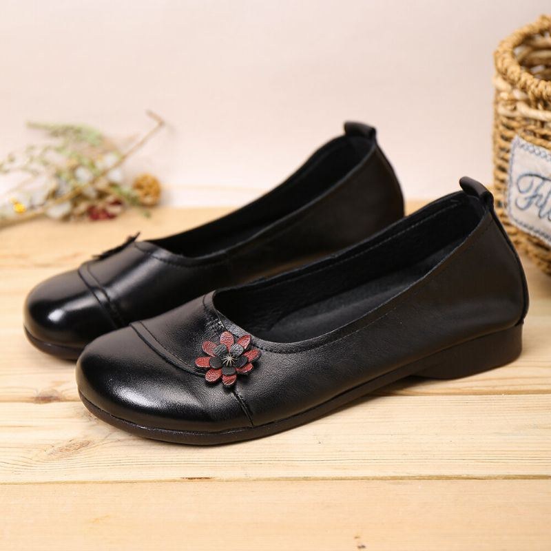 Dame Læder Blomster Slip On Flats Loafers Sko