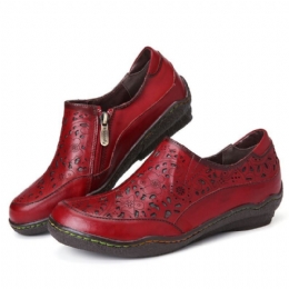 Dame Læder Blomsterudskæringer Side Lynlås Slip On Loafers Skridsikre Flade Sko