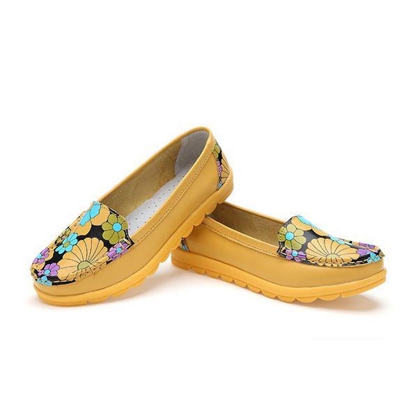 Dame Mode Casual Komfortabel Blødt Åndbart Blomsterlæder Rund Tå Flad Loafer Sko