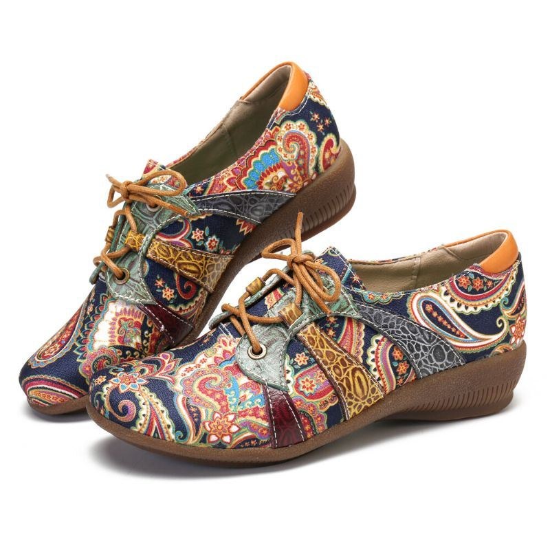 Dame Paisley Retor Floral Splejsning Folkways Style Runde Tå Snøresko Flade Sko