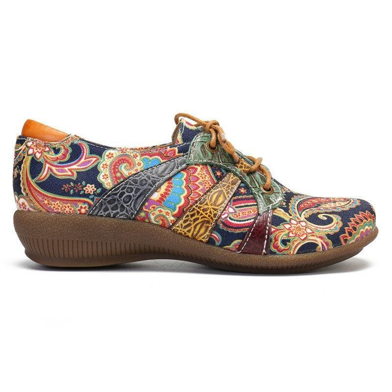 Dame Paisley Retor Floral Splejsning Folkways Style Runde Tå Snøresko Flade Sko