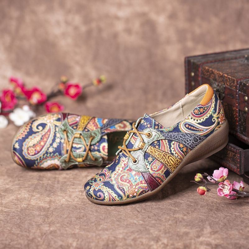 Dame Paisley Retor Floral Splejsning Folkways Style Runde Tå Snøresko Flade Sko