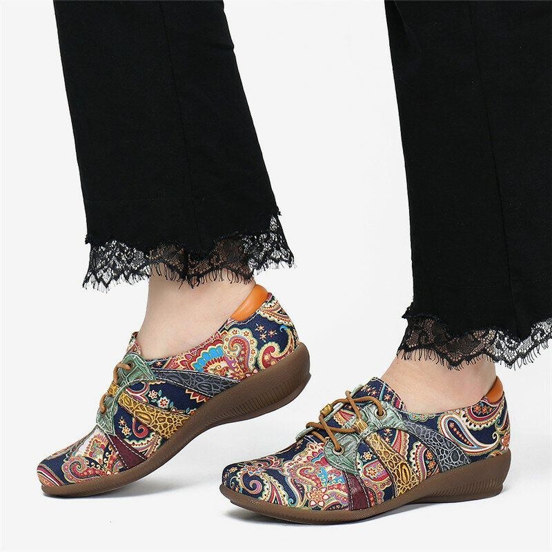 Dame Paisley Retor Floral Splejsning Folkways Style Runde Tå Snøresko Flade Sko