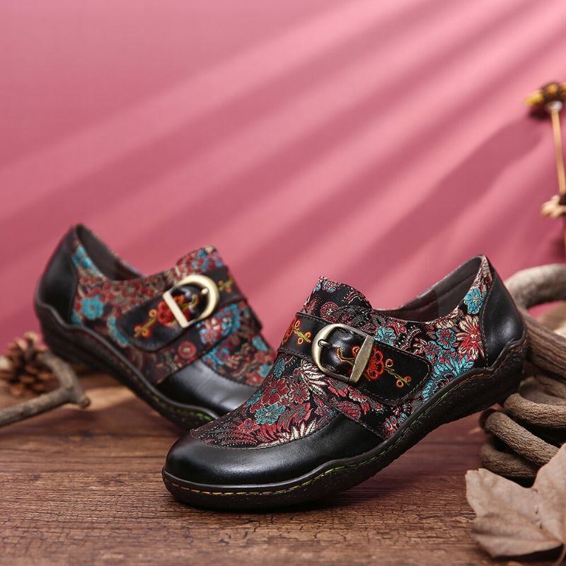 Dame Retro Blomster Broderi Læder Præget Blommeblomst Spænde Slip-on Flade Sko