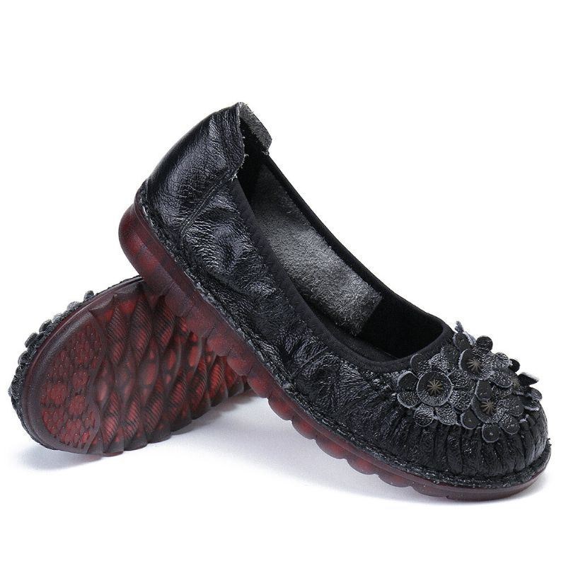 Dame Retro Flowers Decor Comfy Læder Skridsikker Blød Sål Casual Slip-on Flade Sko