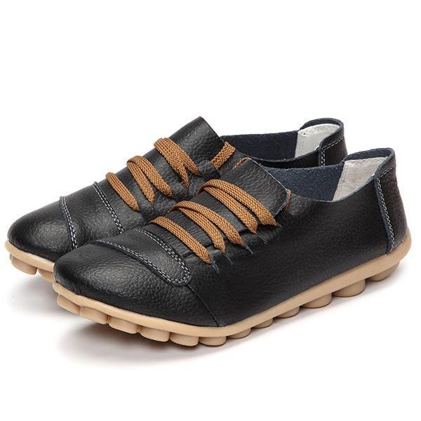 Dame Store Størrelse Snørebånd Blødt Læder Rund Tå Flade Sko Behagelige Loafers