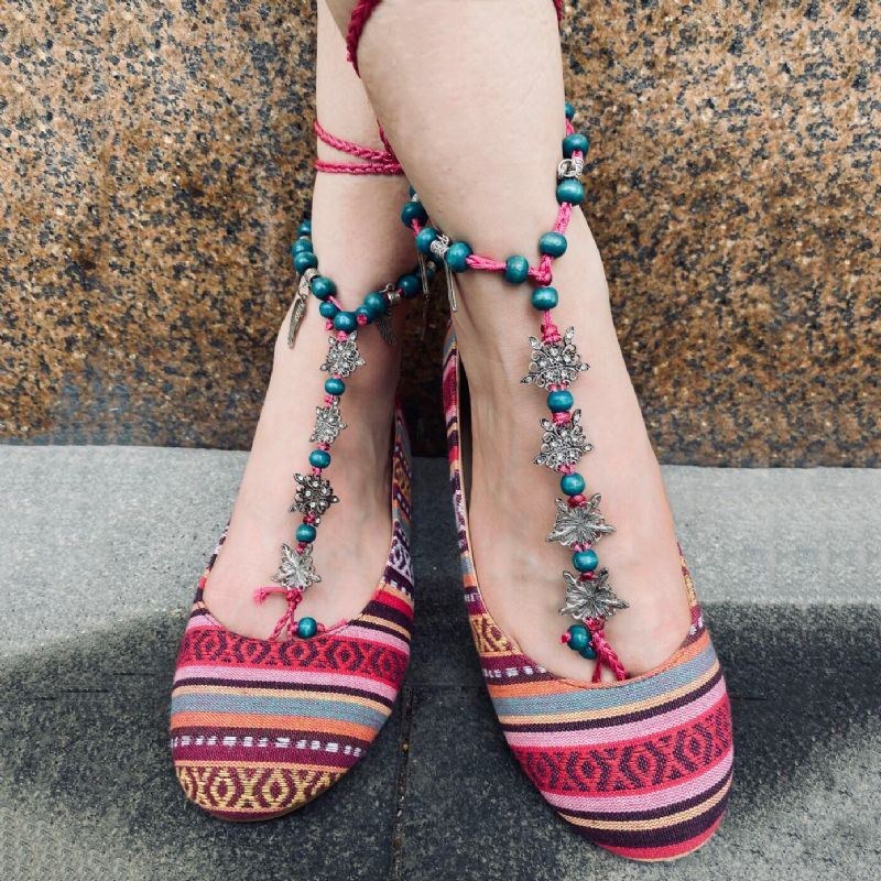 Dameperler Med Rød Kædestribe Komfortable Bohemian Flat Loafers