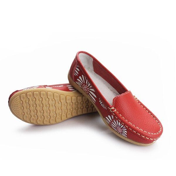 Damer Flats Sko Komfortable Slip-on Blød Casual Flower Blomster Læder Loafers Flats Sko