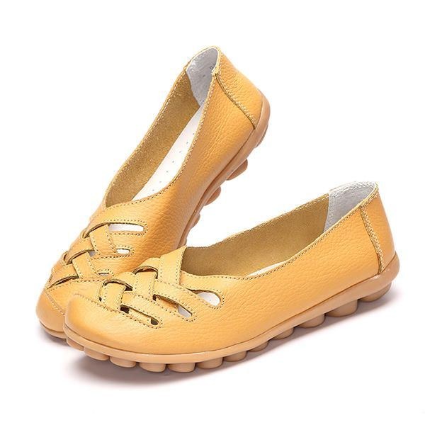 Hollow Out Læder Loafers Moccasin Casual Flat Shoes Til Kvinder
