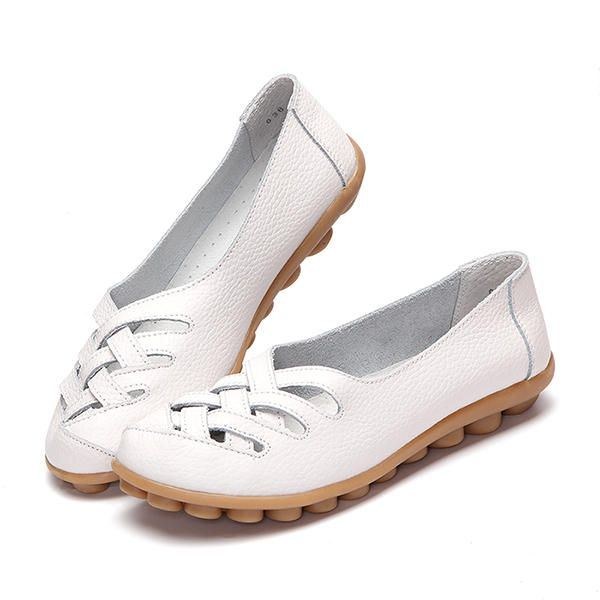 Hollow Out Læder Loafers Moccasin Casual Flat Shoes Til Kvinder