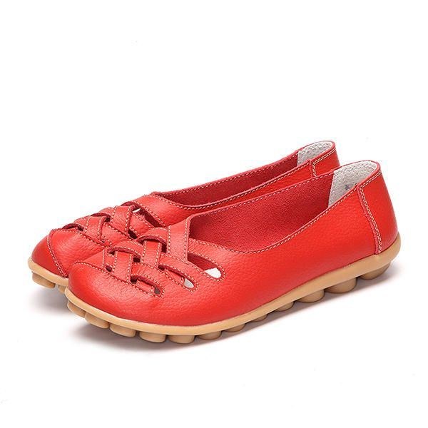Hollow Out Læder Loafers Moccasin Casual Flat Shoes Til Kvinder