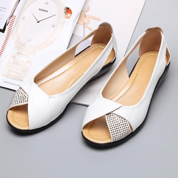 Sommer Casual Læder Flats Fish Mouth Sko Stor Størrelse Damesko
