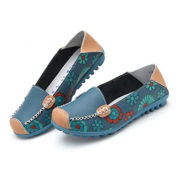 Stor Størrelse Kvinder Blomster Blomster Læder Loafers Mokkasiner Flats Bløde Balletsko Runde Tåflader