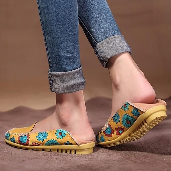 Stor Størrelse Kvinder Blomster Blomster Læder Loafers Mokkasiner Flats Bløde Balletsko Runde Tåflader