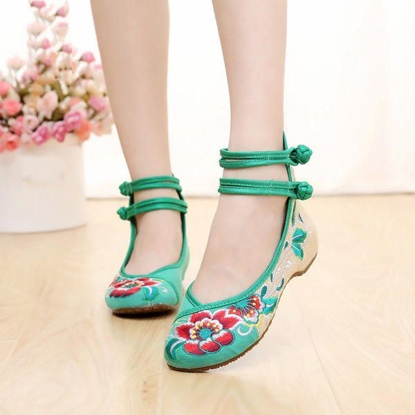 Stor Størrelse Kvinder Mary Janes Kinesiske Broderede Blomster Flade Sko Linned Loafers