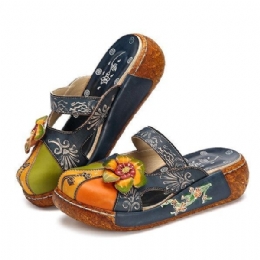 Vintage Farverigt Læder Udhulet Rygløse Blomstersko Dame Loafers
