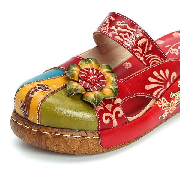 Vintage Farverigt Læder Udhulet Rygløse Blomstersko Dame Loafers
