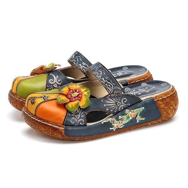 Vintage Farverigt Læder Udhulet Rygløse Blomstersko Dame Loafers