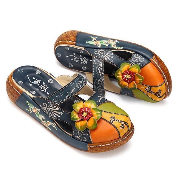 Vintage Farverigt Læder Udhulet Rygløse Blomstersko Dame Loafers