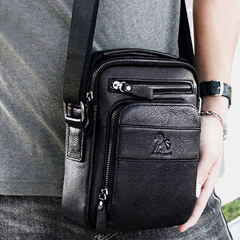 Ægte Læder Til Mænd Retro Business Casual Ensfarvet Læder Koskind Skuldertaske Crossbody Taske