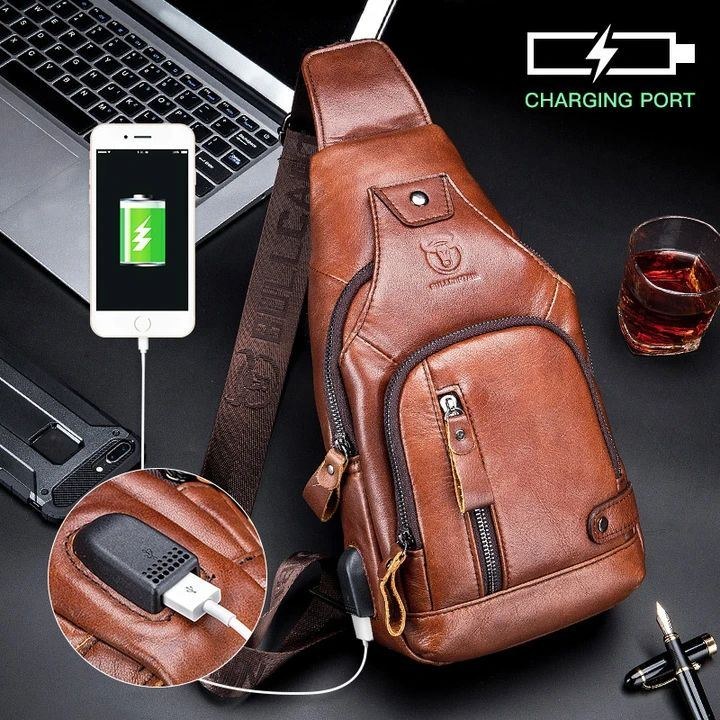 Ægte Læder Til Mænd Usb-opladning Stor Kapacitet Business Casual Brysttaske Skulder Crossbody Taske