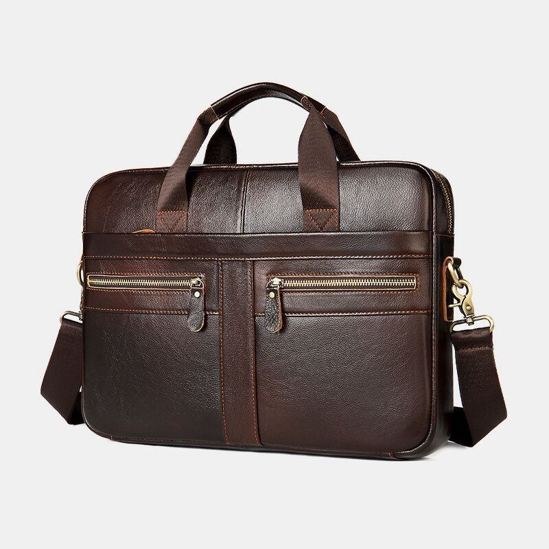 Herre Ægte Læder Multi-lomme 14 Tommer Bærbar Taske Dokumentmappe Business Håndtaske Crossbody Taske
