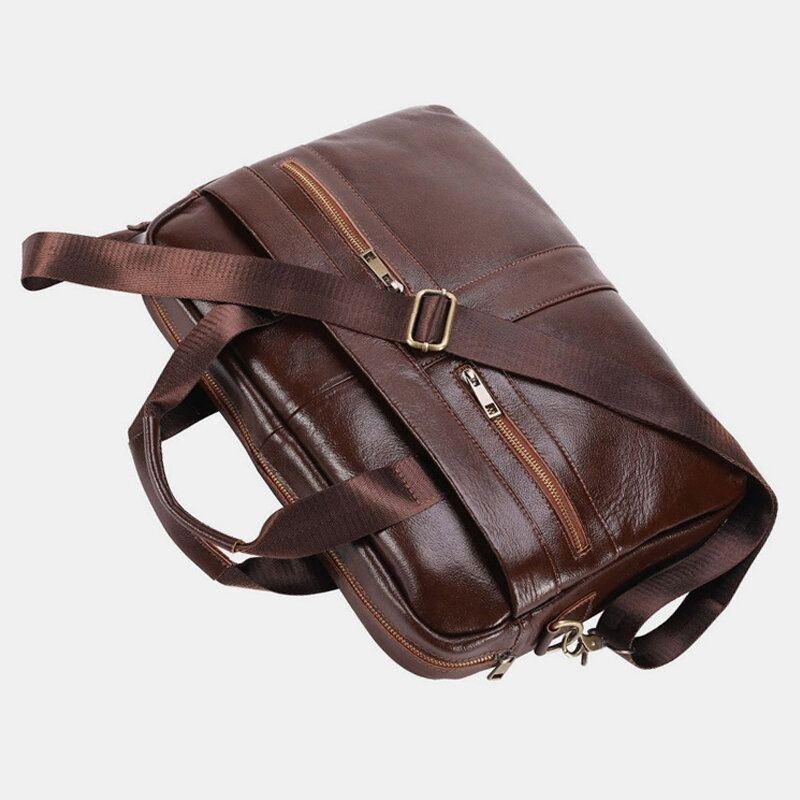 Herre Ægte Læder Multi-lomme Vintage 14 Tommer Bærbar Taske Messenger Bag Crossbody Tasker Skuldertaske Briefcase