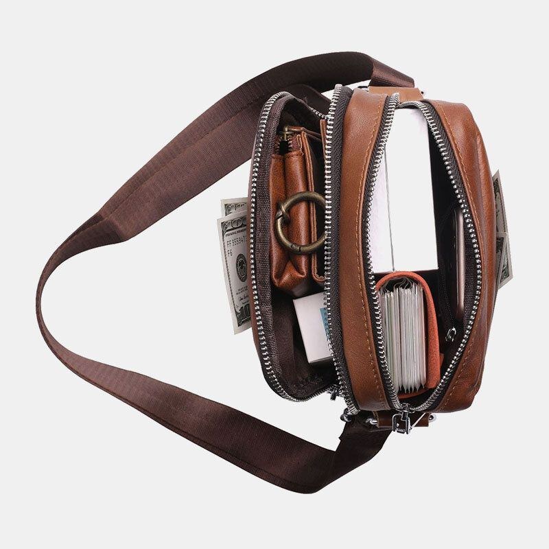 Herre Ægte Læder Multi-pocket Hovedtelefon Hul Vintage 6.5 Tommer Telefontaske Crossbody Taske Skuldertaske Messenger Briefcase