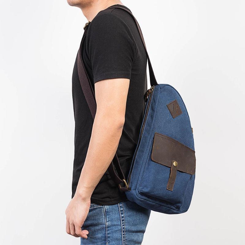 Herre Canvas Patchwork Brysttaske I Ægte Læder