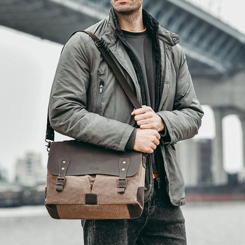 Herre Canvas Stor Kapacitet Cover Lynlås Vintage Business Messenger Bag Laptop Taske Crossbody Taske Håndtaske