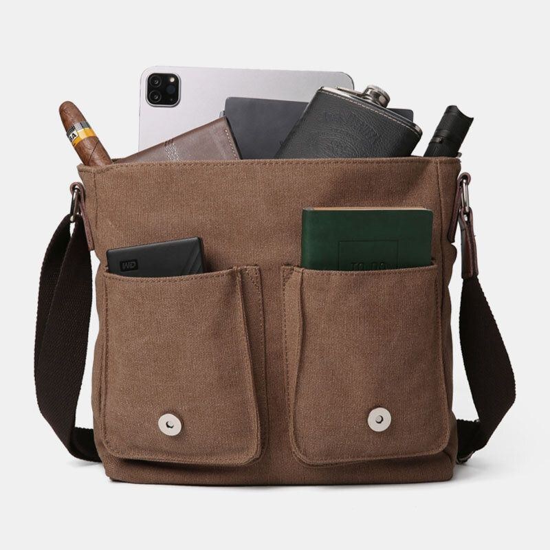 Herre Dobbelt Frontlomme Med Stor Kapacitet Crossbody-taske Retro Canvas Vandret Ensfarvede Tyverisikringsskuldertaske