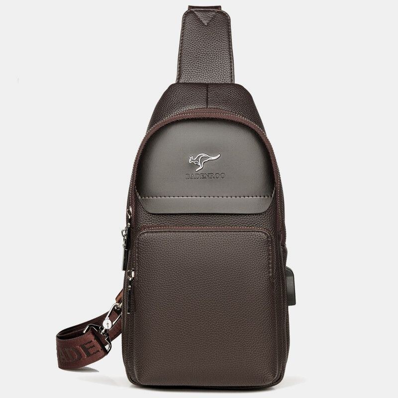 Herre Imiteret Læder Mode Brysttaske Skuldertaske Crossbody Taske Med Usb-opladningsport