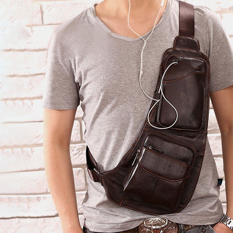 Herre Massivt Ægte Læder Hovedtelefonstik Crossbody Taske Brysttaske Sling Bag